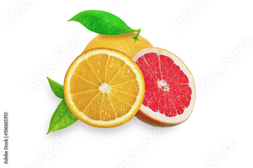Orange and grapefruit on white background with leaves