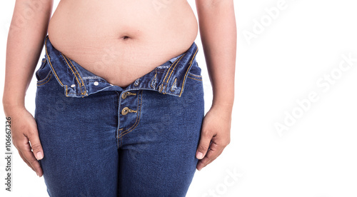 Fat woman trying to wear jeans : Fat and Healthy concept © SKT Studio
