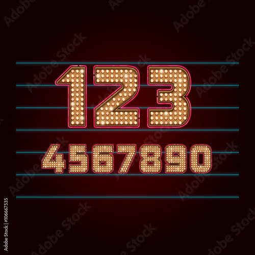 Retro Light Bulb Font. Vector realistic lamps numbers from 0 to 9