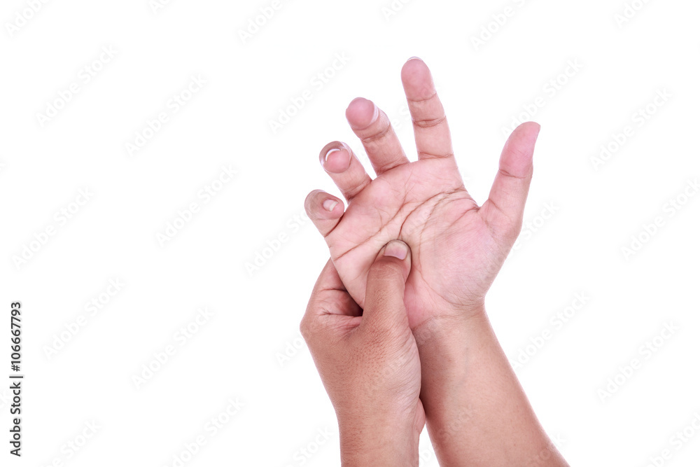 Close up woman's holding her hand isolated on white. Hand pain c Close up woman's holding her hand isolated on white. Hand pain c