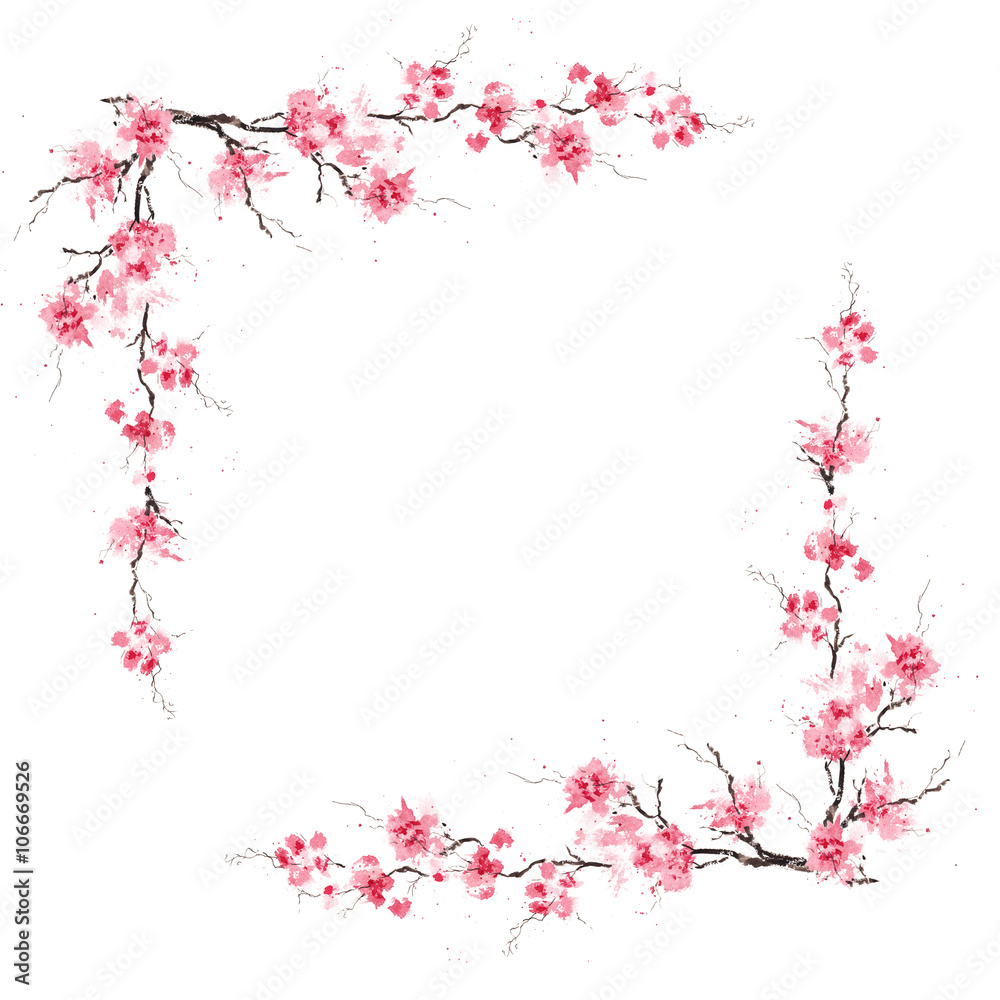 Spring sakura cherry frame. Original watercolor pattern.