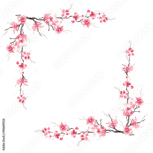 Foto Spring sakura cherry frame. Original watercolor pattern.