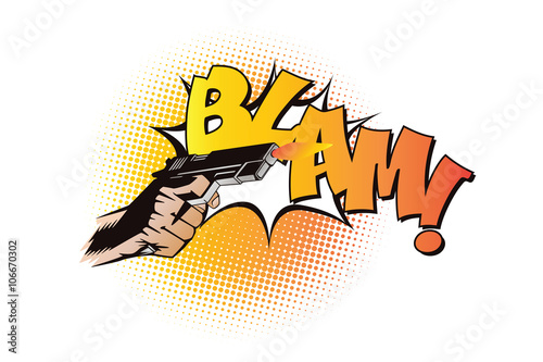 Stock illustration. Hands of people in the style of pop art and old comics. Weapon in hand.