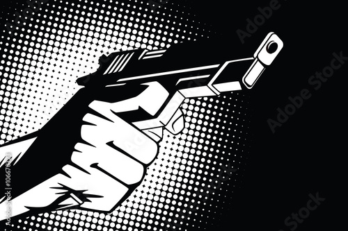 Stock illustration. Hands of people in the style of pop art and old comics. Weapon in hand.