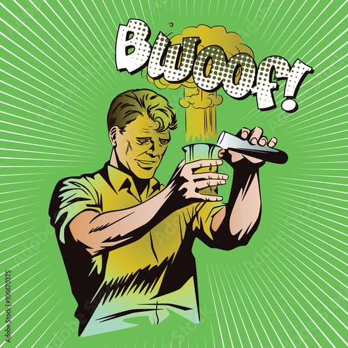 People in retro style pop art and vintage advertising. Man doing chemical experiments.