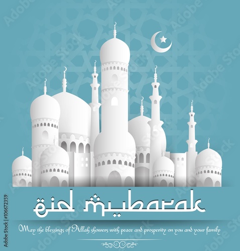 Eid mubarak background with mosque and crescent moon on blue background
