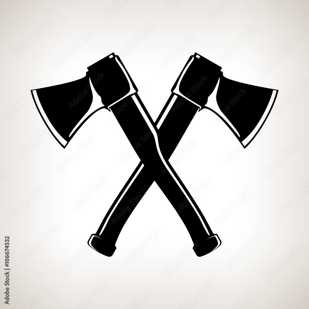 Crossed Axes, Silhouette of Two Crossed Axes on a Light Background, Black and White Vector Illustration Crossed Axes, Silhouette of Two Crossed Axes on a Light Background, Black and White Vector Illustration