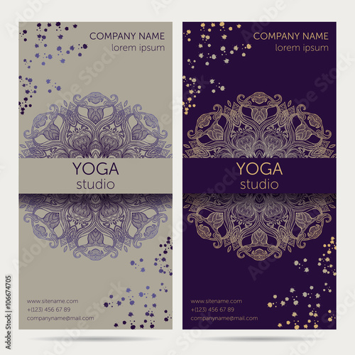 Design template for yoga studio with mandala ornament background. Design concept for brochure, card, invitation, flyer, banner. Colorful vector illustration
