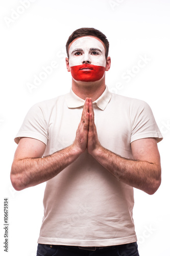 Pray for Poland. Polish football fan pray for  Poland national team on white background. European 2016 football fans concept. photo