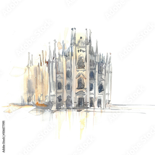 Milan Cathedral. Watercolor painting on white background.