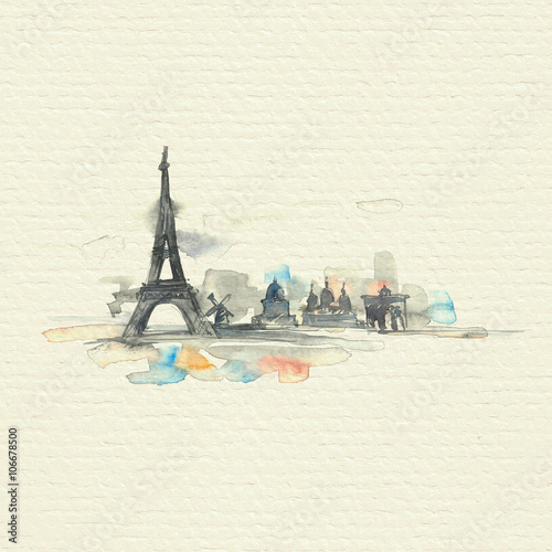 Photography Paris city painted with splashes of watercolor drops
