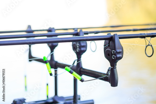 Carp fishing rods set up on holder with electric trigger