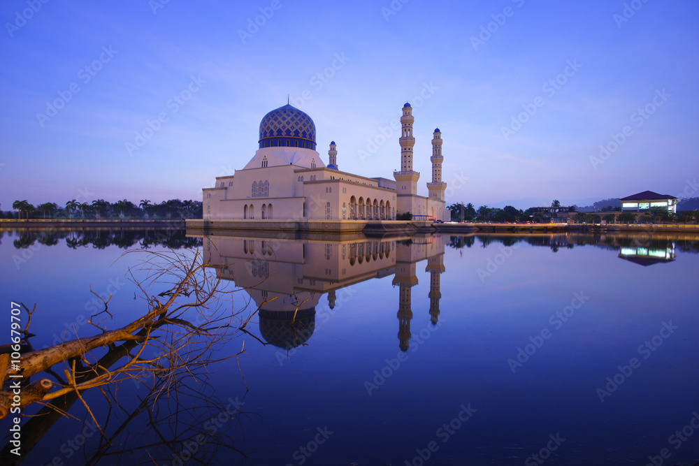 Blue hour scene at Kota Kinabalu Mosque, Sabah Borneo, Malaysia.