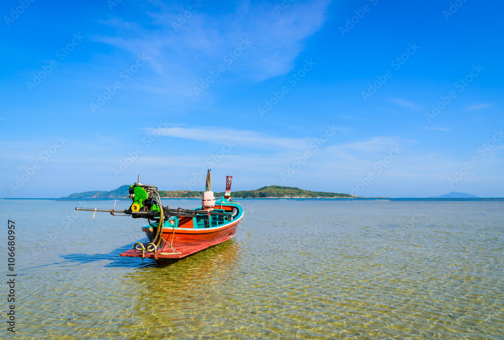 Long boat and tropical beach in Andaman Sea, Phuket, Thailand