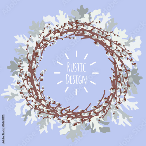 Vector illustration with pussy willow wreath and dusty miller
