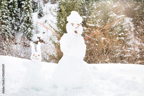 Cute snowman standing in winter landscape