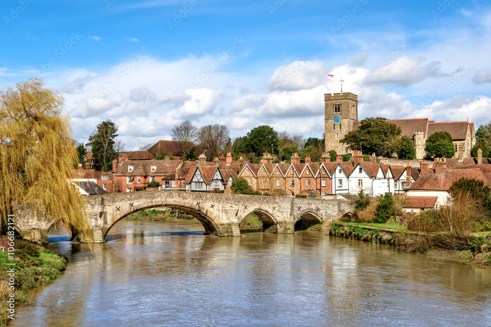Rural Kent. View of Aylesford village in Kent, England with medieval bridge and church.