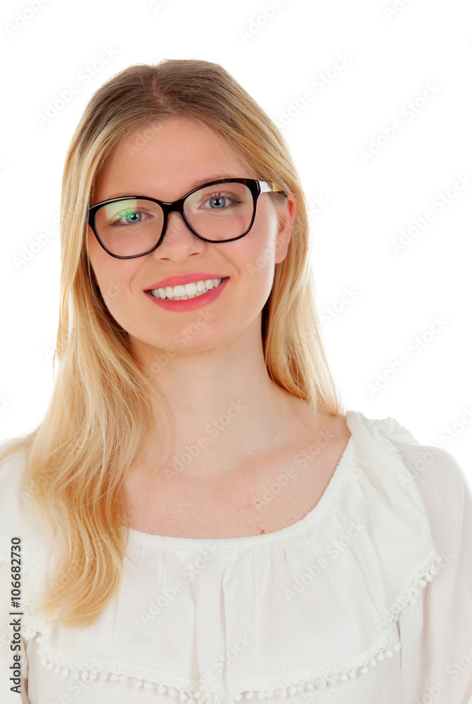 Blonde girl with black glasses Blonde girl with black glasses