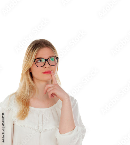 Blonde girl with black glasses