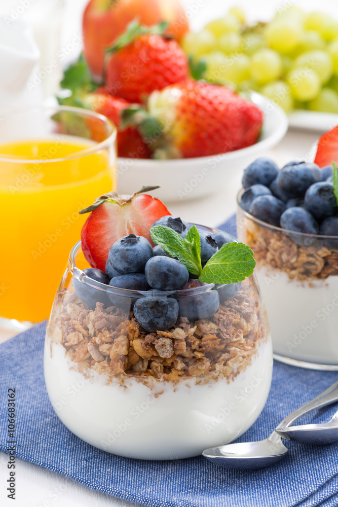dessert with cream, fresh berries and granola, vertical, closeup dessert with cream, fresh berries and granola, vertical, closeup