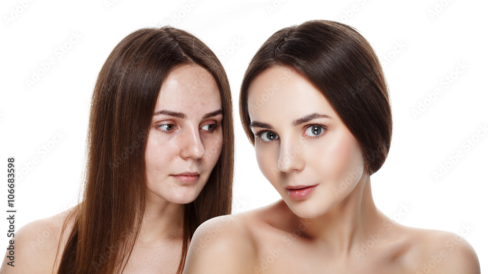 Beautiful young brunette model before and after make-up applying. Comparison portrait. Two faces of model girl face with and without makeup. Isolated on white. Space for text. Ideal for commercial Beautiful young brunette model before and after make-up applying. Comparison portrait. Two faces of model girl face with and without makeup. Isolated on white. Space for text. Ideal for commercial