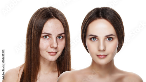 Beautiful young brunette model before and after make-up applying. Comparison portrait. Two faces of model girl face with and without makeup. Isolated on white. Space for text. Ideal for commercial
