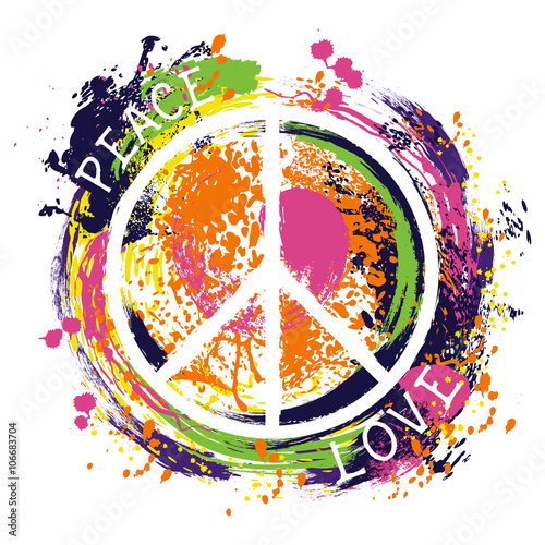 Hippie peace symbol. Peace and love. Colorful hand drawn grunge style art. Design concept for banner, card, scrap booking, t-shirt, bag, print, poster. Vintage vector illustration