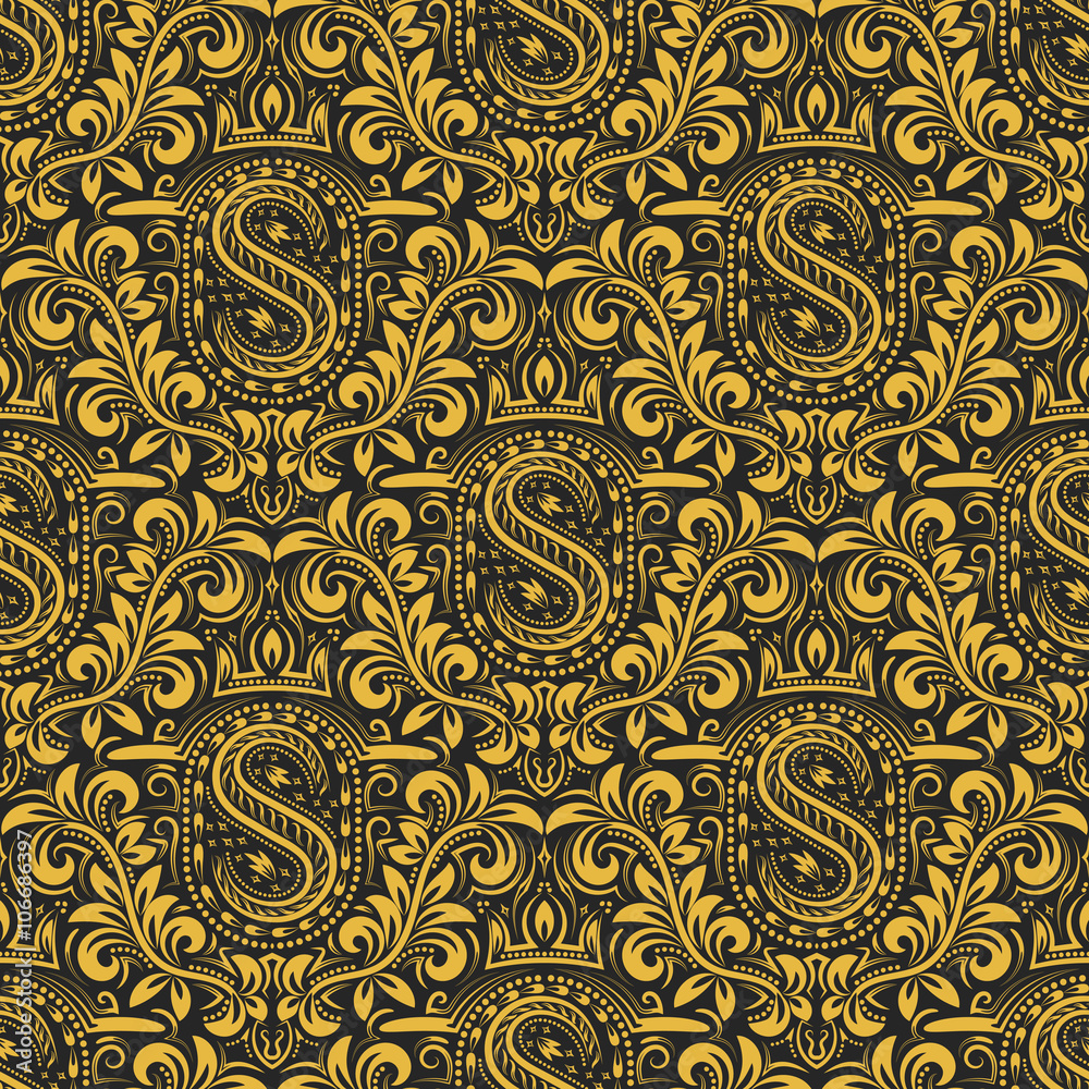 Damask seamless pattern repeating background. Gold black floral ornament  with S letter and crown in baroque style. Antique golden repeatable  wallpaper. Stock Vector | Adobe Stock