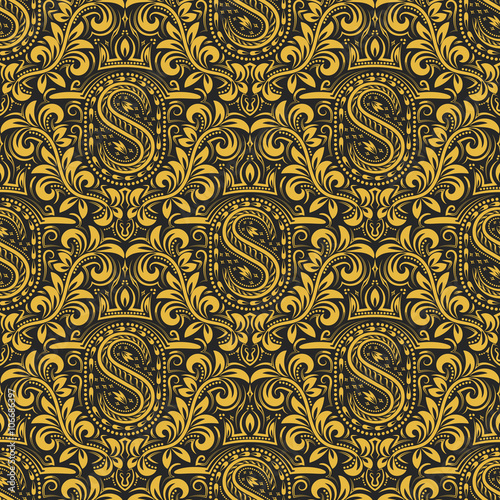 Damask seamless pattern repeating background. Gold black floral ornament with S letter and crown in baroque style. Antique golden repeatable wallpaper.