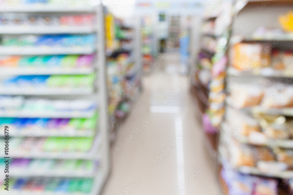 Fototapeta premium convenience store shelves blurred background