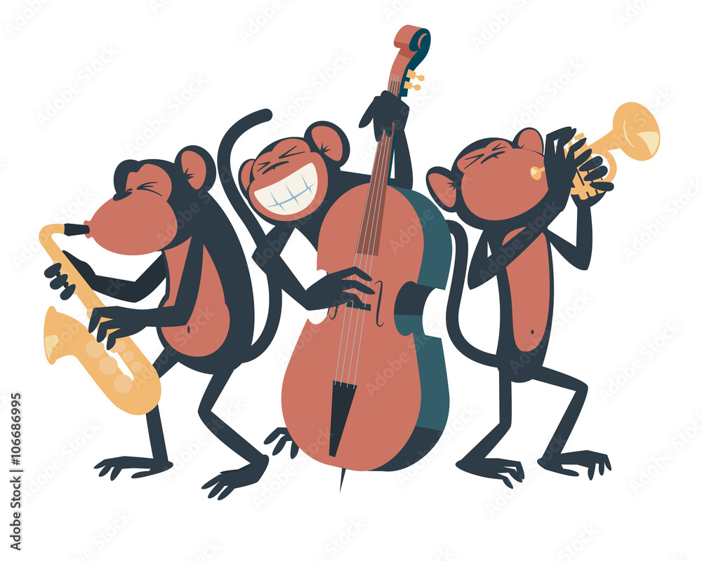 Fototapeta premium Three monkeys playing jazz. One of them plays the saxophone, the other one plays the contrabass and the third one plays the trumpet.