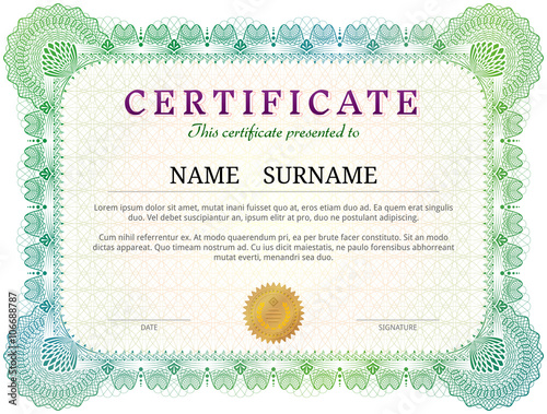 Certificate template with guilloche elements. Green diploma border design for personal conferment. Vector layout for award, patent, validation, licence, education, authentication, achievement, etc