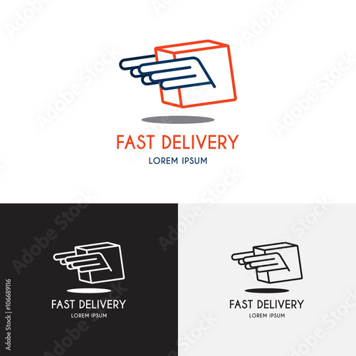 Template of logo of delivery company. Creative vector template in the form of box with wings. Vector template in the modern liner style.