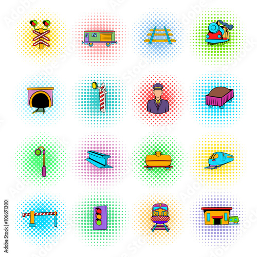 Railroad icons set, comics style