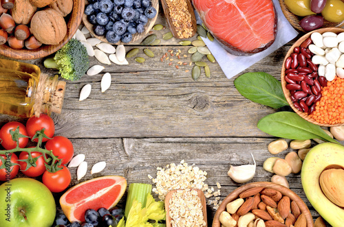 Healthy food on wooden table. Copyspace background. Top view.