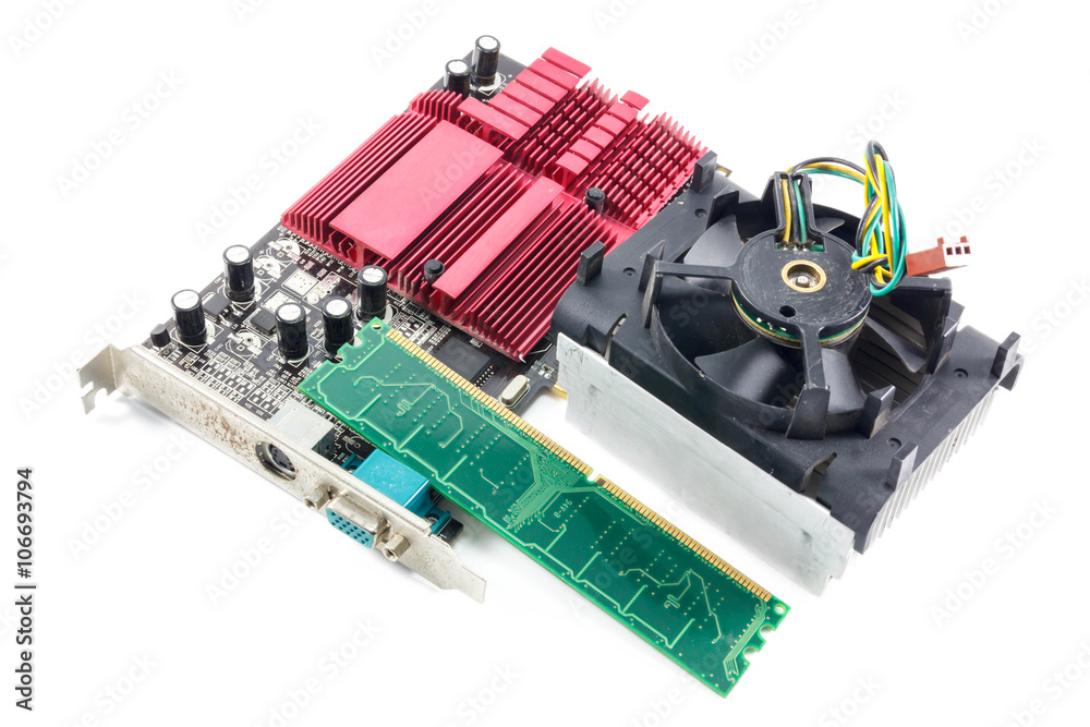 Selective focus mother board,cooler fan,ram card on white backgr Selective focus mother board,cooler fan,ram card on white backgr