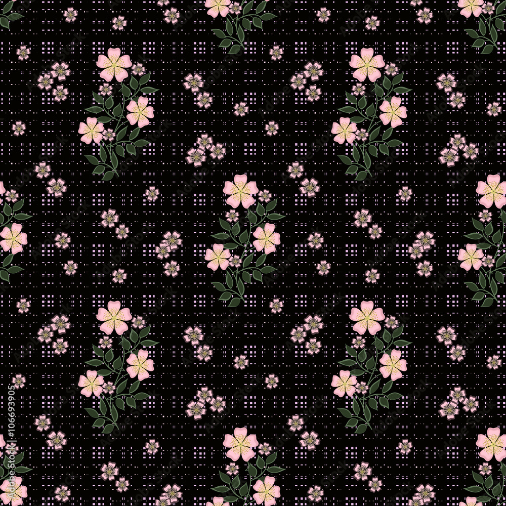 Floral seamless pattern in retro style, cute cartoon flowers black background Floral seamless pattern in retro style, cute cartoon flowers black background
