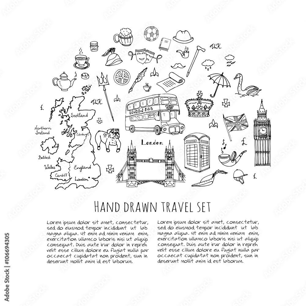 Hand drawn doodle England set Vector illustration United Kingdom icons Welcome to London elements British symbols collection Bus Horse riding Golf Crown Beer Lion Bulldog London bridge Big Ben Tower Hand drawn doodle England set Vector illustration United Kingdom icons Welcome to London elements British symbols collection Bus Horse riding Golf Crown Beer Lion Bulldog London bridge Big Ben Tower