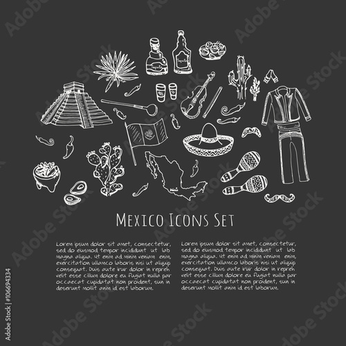 Hand drawn doodle Mexico set Vector illustration Sketchy mexican food icons United Mexican States elements Flag Maracas Sombrero Viva Mexico Maya Pyramid Aztec Tequila Agave Mariachi Poncho Guacamole