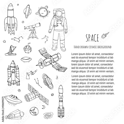 Hand drawn doodle Space and Cosmos set Vector illustration Universe icons Space concept elements Rocket Space ship symbols collection Solar system Planets Galaxy Milky Way Astronaut Tech freehand icon
