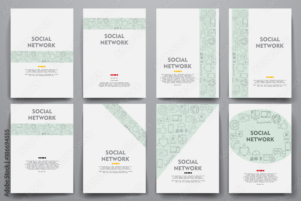 Corporate identity vector templates set with doodles social network theme