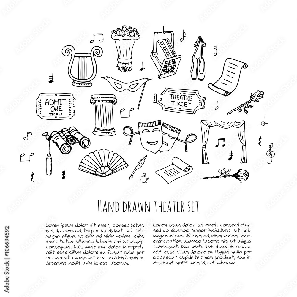 Naklejka premium Hand drawn doodle Theatre set Vector illustration Sketchy theater icons Theatre acting performance elements Ticket Masks Lyra Flowers Curtain stage Musical notes Pointe shoes Make-up artist tools
