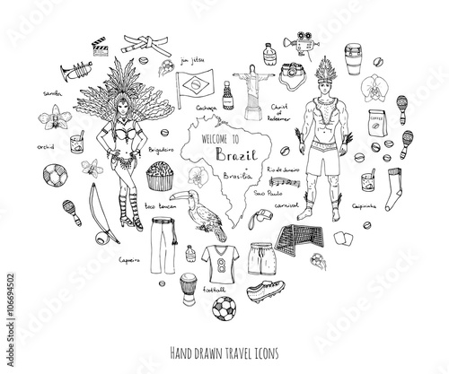 Hand drawn doodle Welcome to Brazil set Vector illustration Sketchy Brazilian traditional icons Cartoon Brazil typical elements collection Landmark Football ball cleats goal Capoeira Samba Orchid