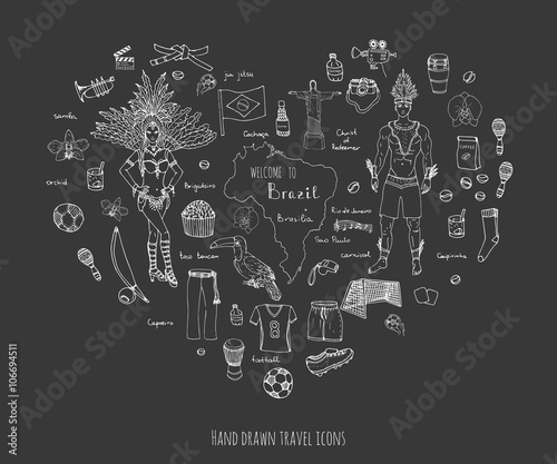 Hand drawn doodle Welcome to Brazil set Vector illustration Sketchy Brazilian traditional icons Cartoon Brazil typical elements collection Landmark Football ball cleats goal Capoeira Samba Orchid