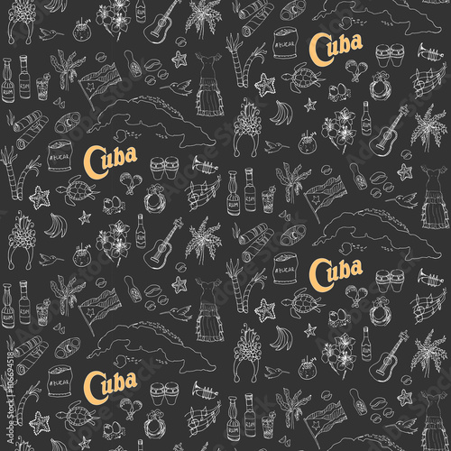 Seamless background Set of hand drawn Cuba icons Cuban sketch illustration Doodle elements Caribbean cartoon elements made in vector Travel to Cuba; background for cards and web pages