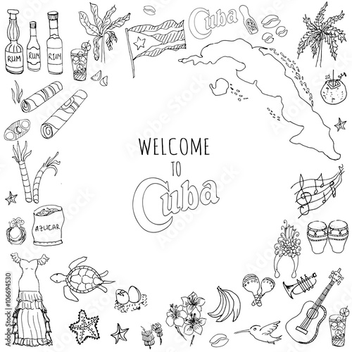 Set of hand drawn Cuba icons, Cuban sketch illustration, doodle elements, Isolated national elements made in vector. Travel to Cuba icons for cards and web pages Caribbean cartoon icons collection
