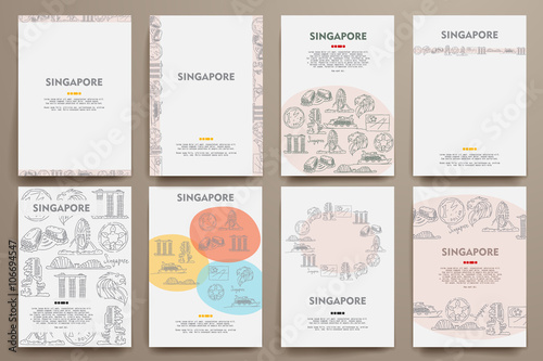 Corporate identity vector templates set with doodles Singapore theme