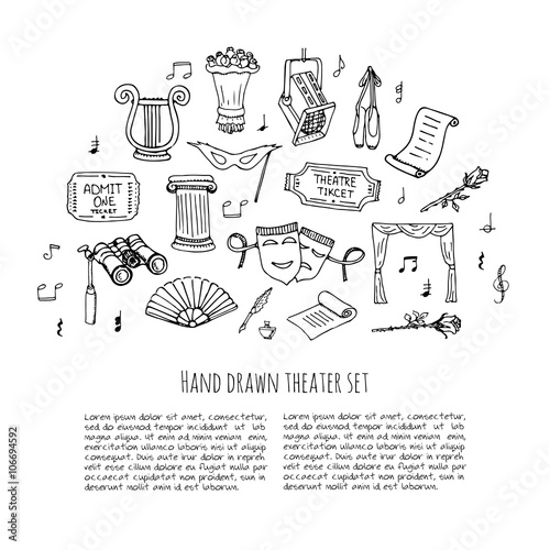 Hand drawn doodle Theatre set Vector illustration Sketchy theater icons  Theatre acting performance elements Ticket Masks Lyra Flowers Curtain stage Musical notes Pointe shoes Make-up artist tools