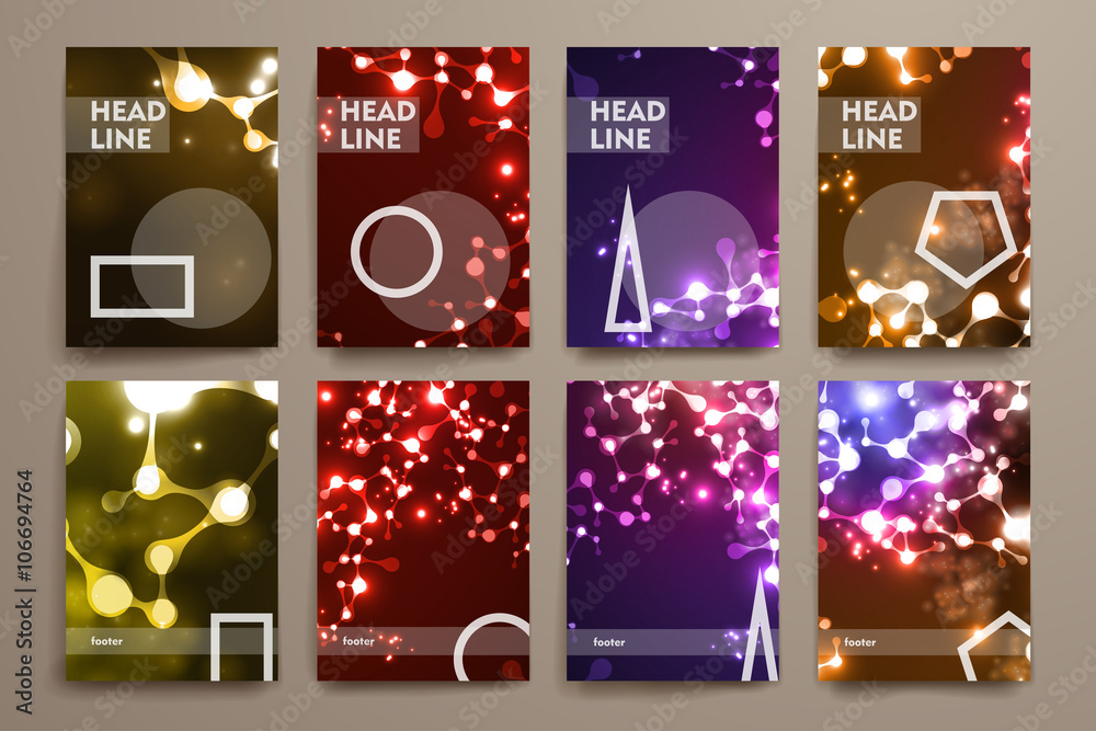 Set of brochure, poster design templates in neon molecule structure style