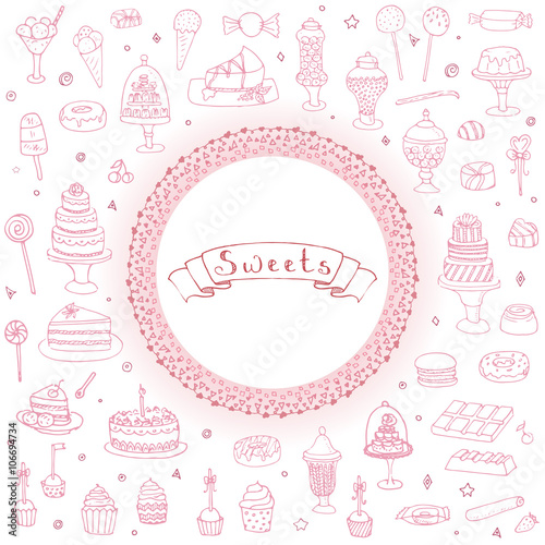 Hand drawn doodle Sweets set Vector illustration Sketchy Sweet food icons collection Isolated desert symbols on white background Cupcake Macarons Chocolate bar Candy Cake Pie Pastry Lollipop Pastry